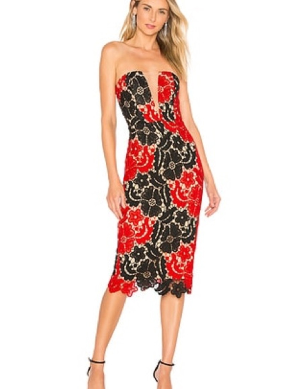 Michael Costello x REVOLVE Red and Black Lace Midi Dress